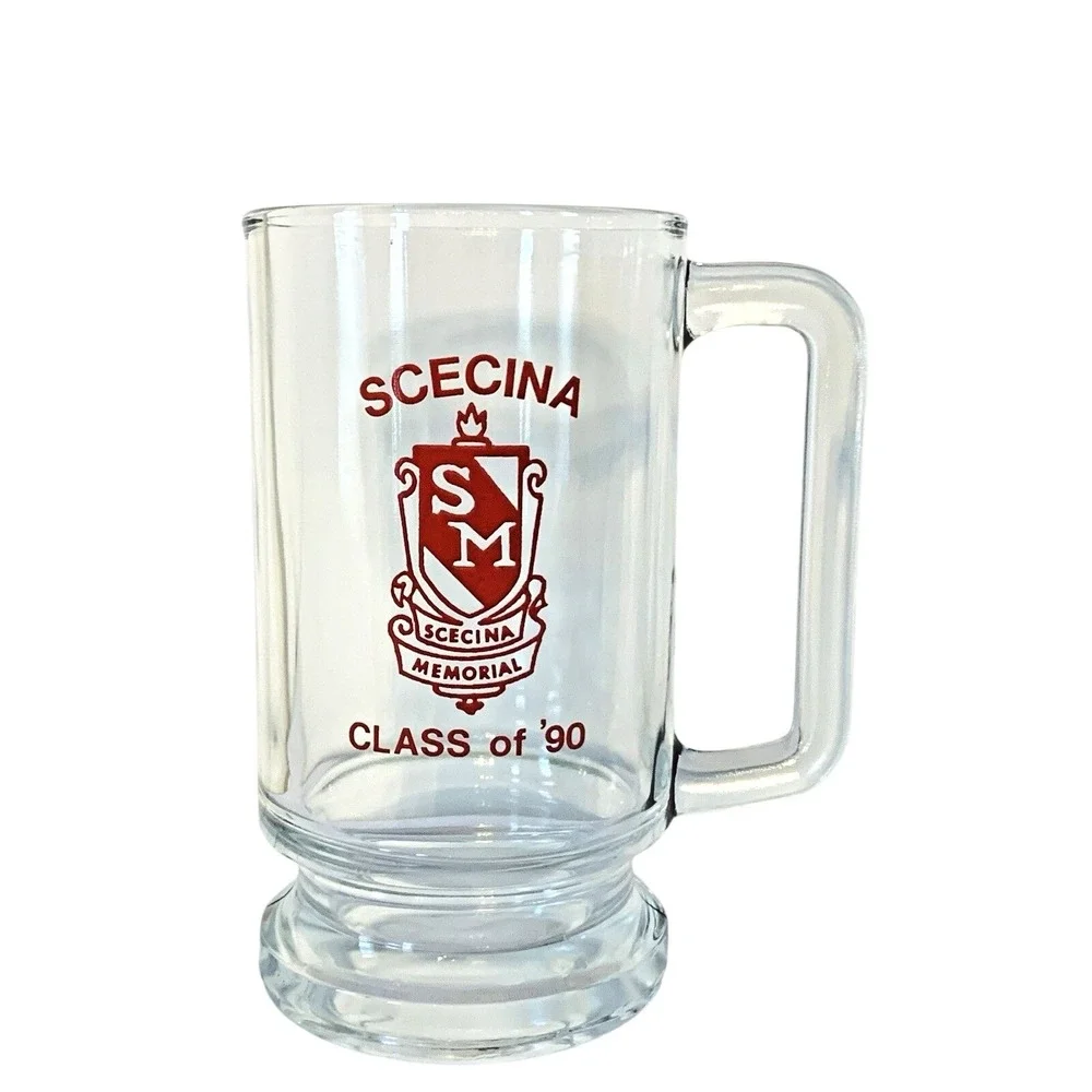 Scecina Memorial Beer Mug‎ Class of '90 Vintage Glass Stein Clear Red Graphic